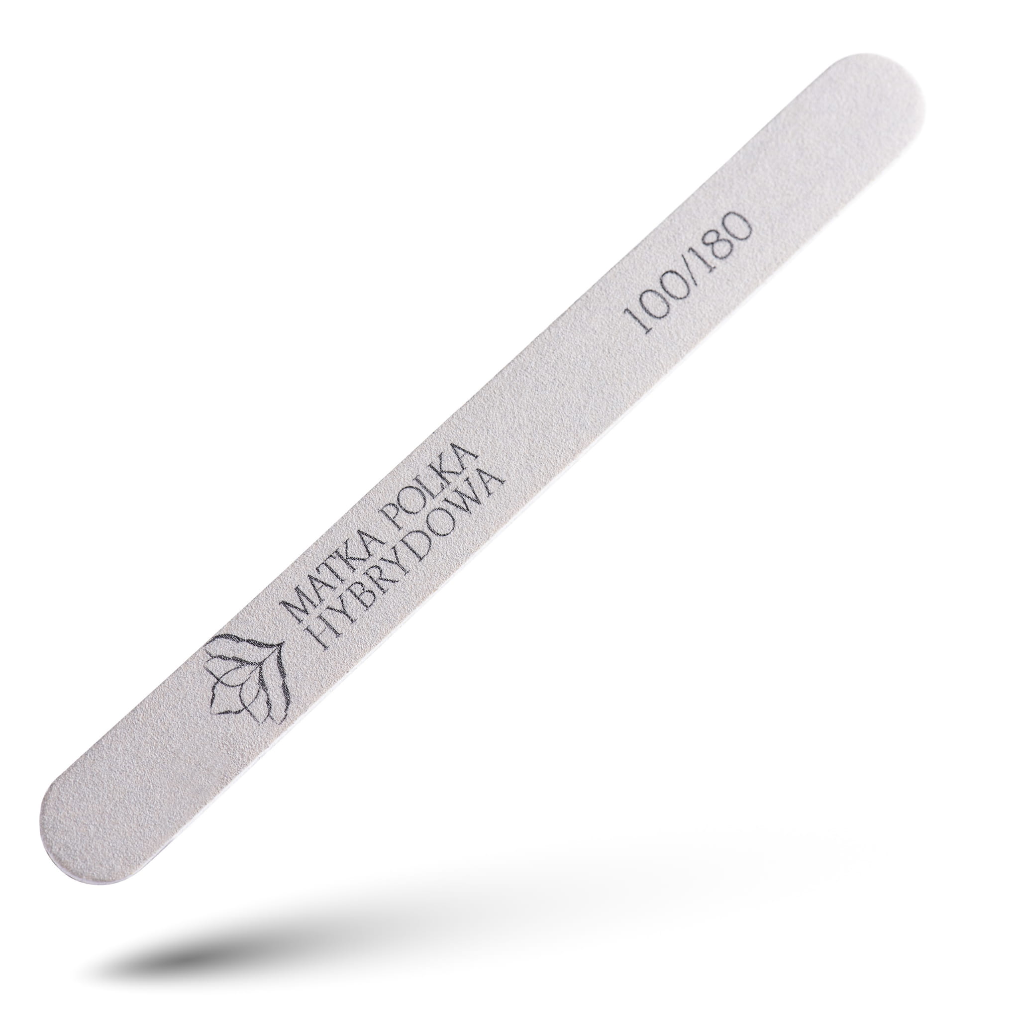 Pilnik prosty o gradacji 100/180 z logo Matka Polka Hybrydowa i oznaczeniem gradacji nadrukowanym na papierze ściernym, na białym tle.