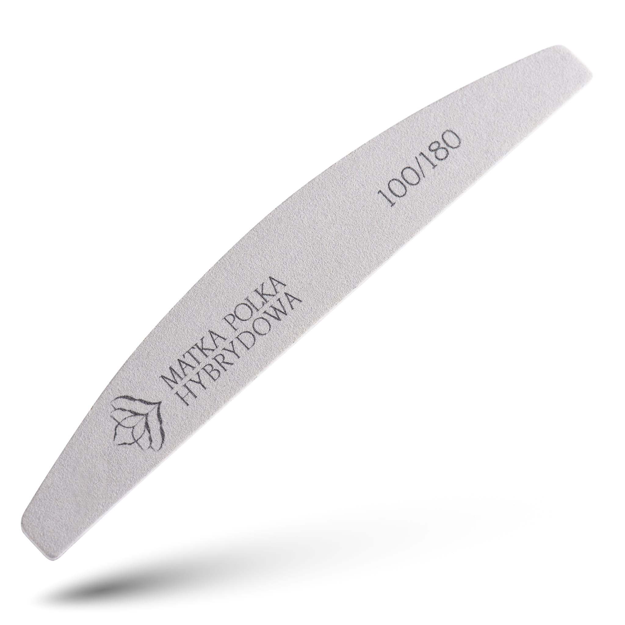 Pilnik półksiężyc o gradacji 100/180 w kolorze flaming, z logo Matka Polka Hybrydowa i oznaczeniem gradacji na powierzchni.