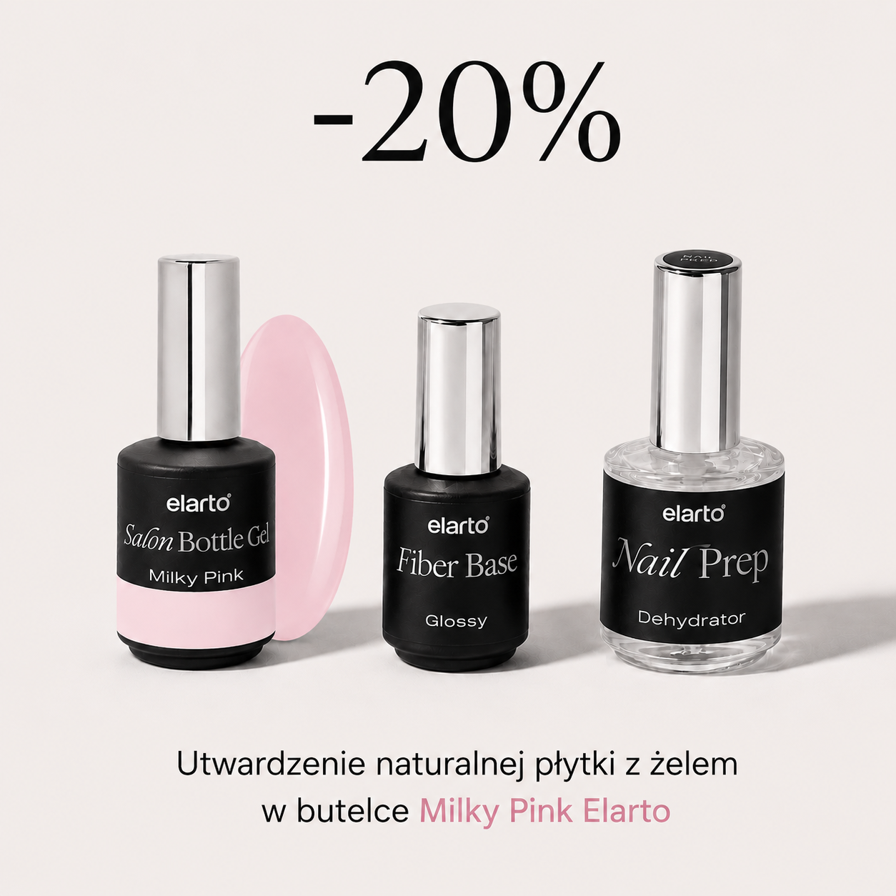 Utwardzenie naturalnej płytki z żelem w butelce Milky Pink Elarto